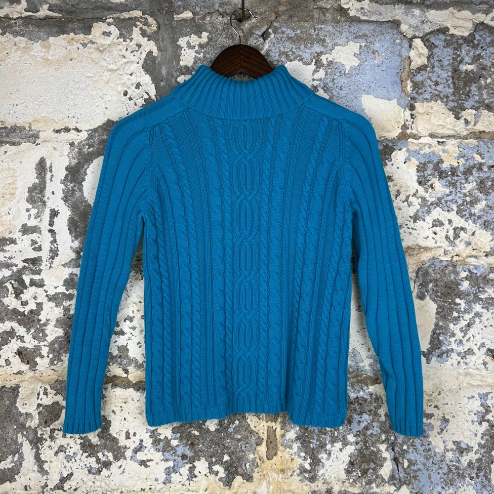 Vintage Karen Scott Sport Sweater Blue Cotton Cable Knit Mock Neck Womens PS